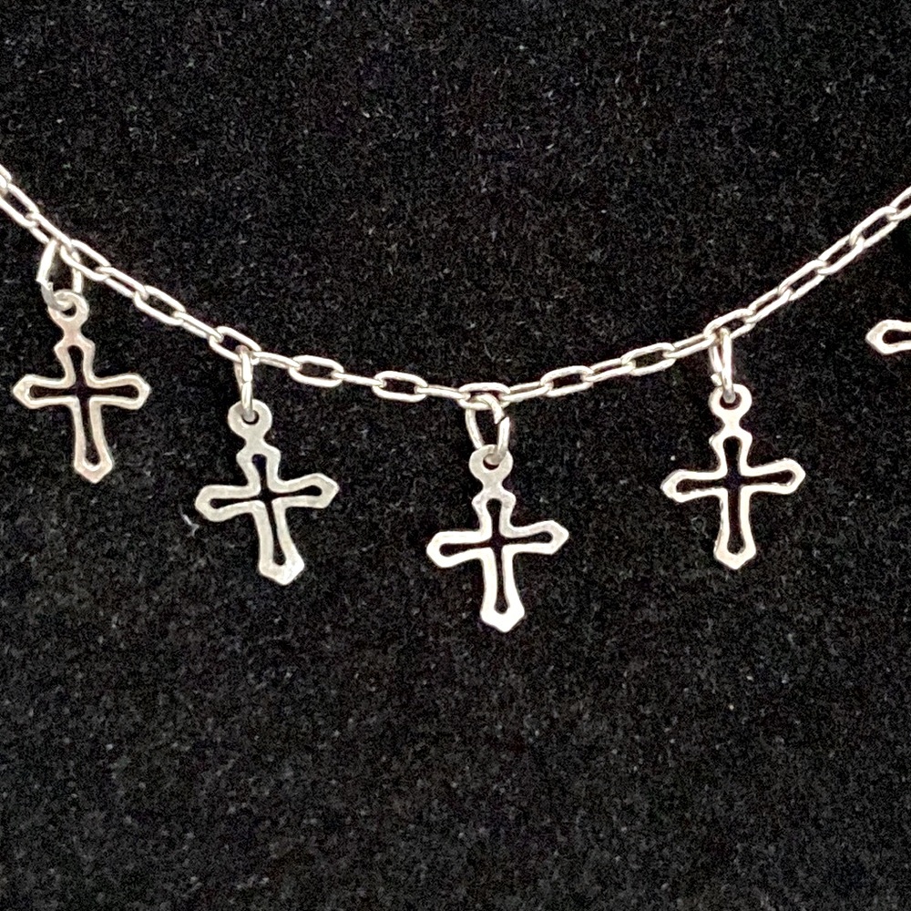 Vintage Silver Tone Tons of Cross Charms Silver Tone Necklace